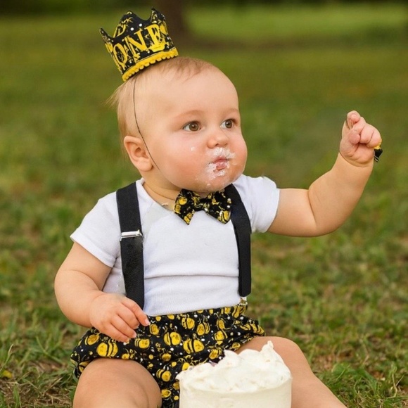 🎂 BEE ONE Baby Cake Smash Outfit | First Birthday | Size 12M handmade - Picture 1 of 4
